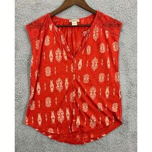 Lucky Brand XS Orange Blouse Top Geometric Tapestry Design Lace Window Shoulder